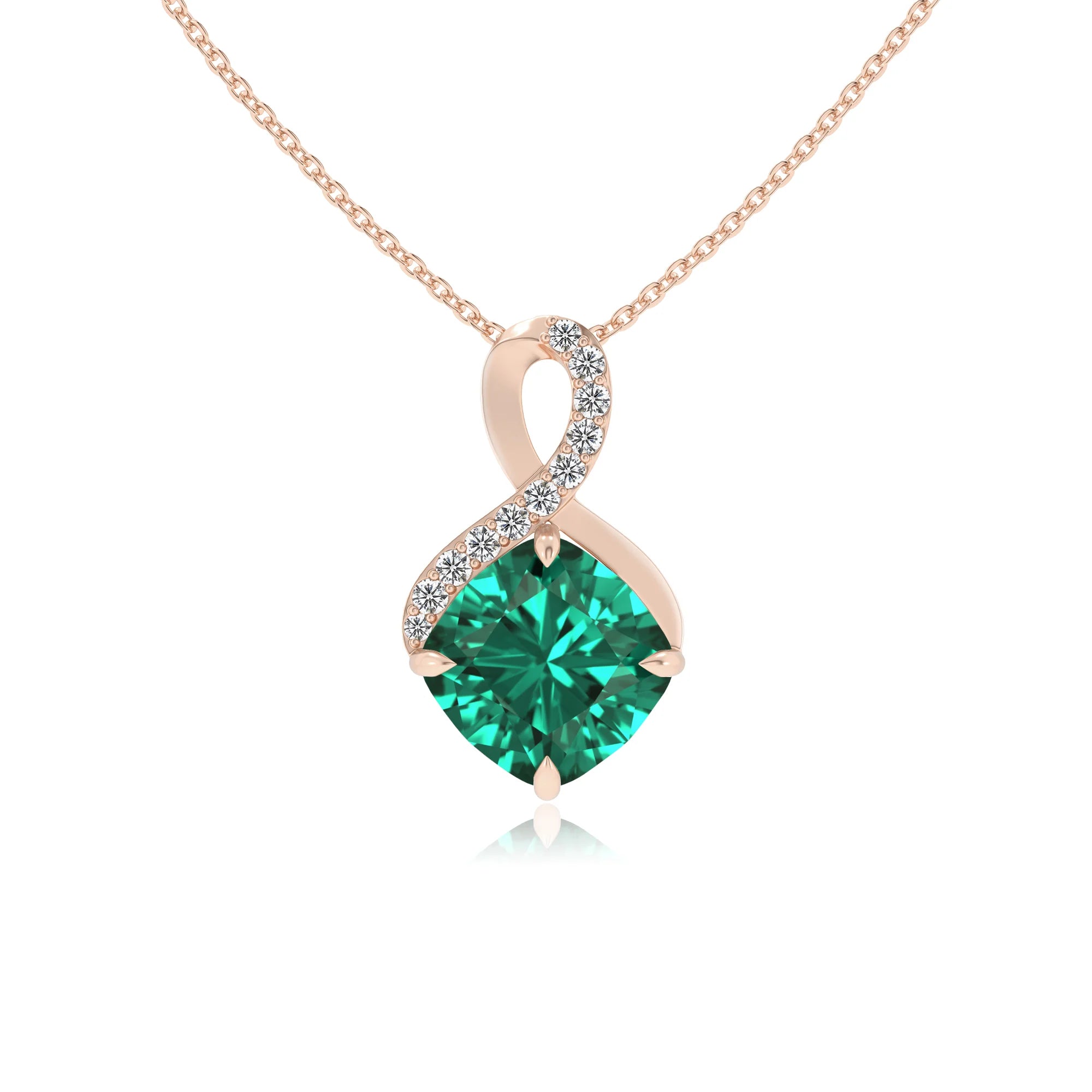 lab grown emerald cushion infinity necklaces in rose gold 