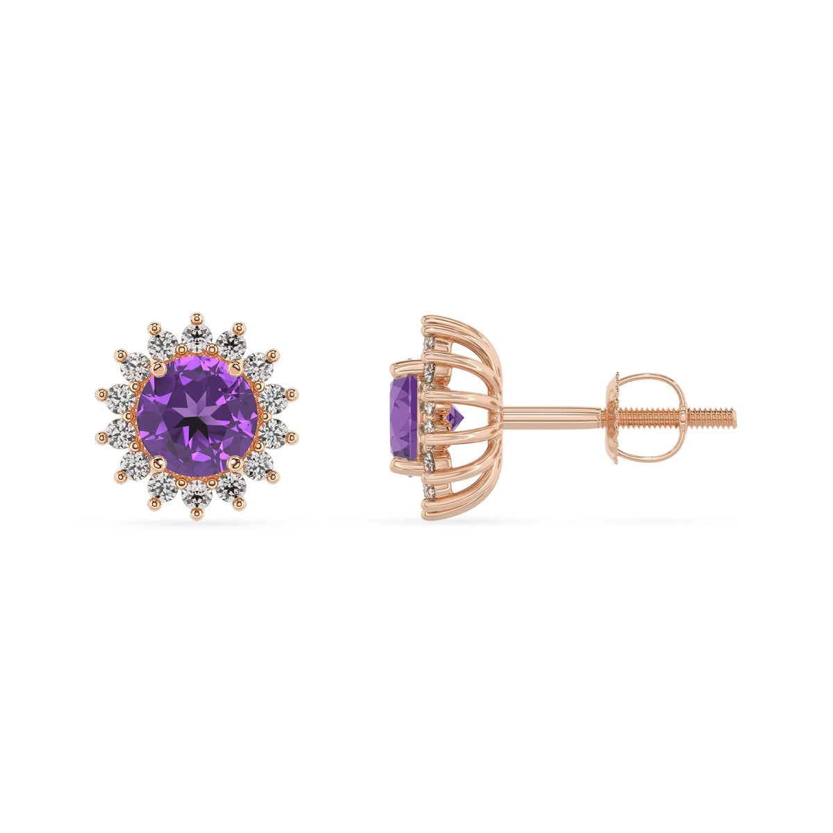 lab grown amethyst round stud earrings in rose gold 