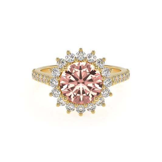 lab grown morganite round solitaire rings in yellow gold 