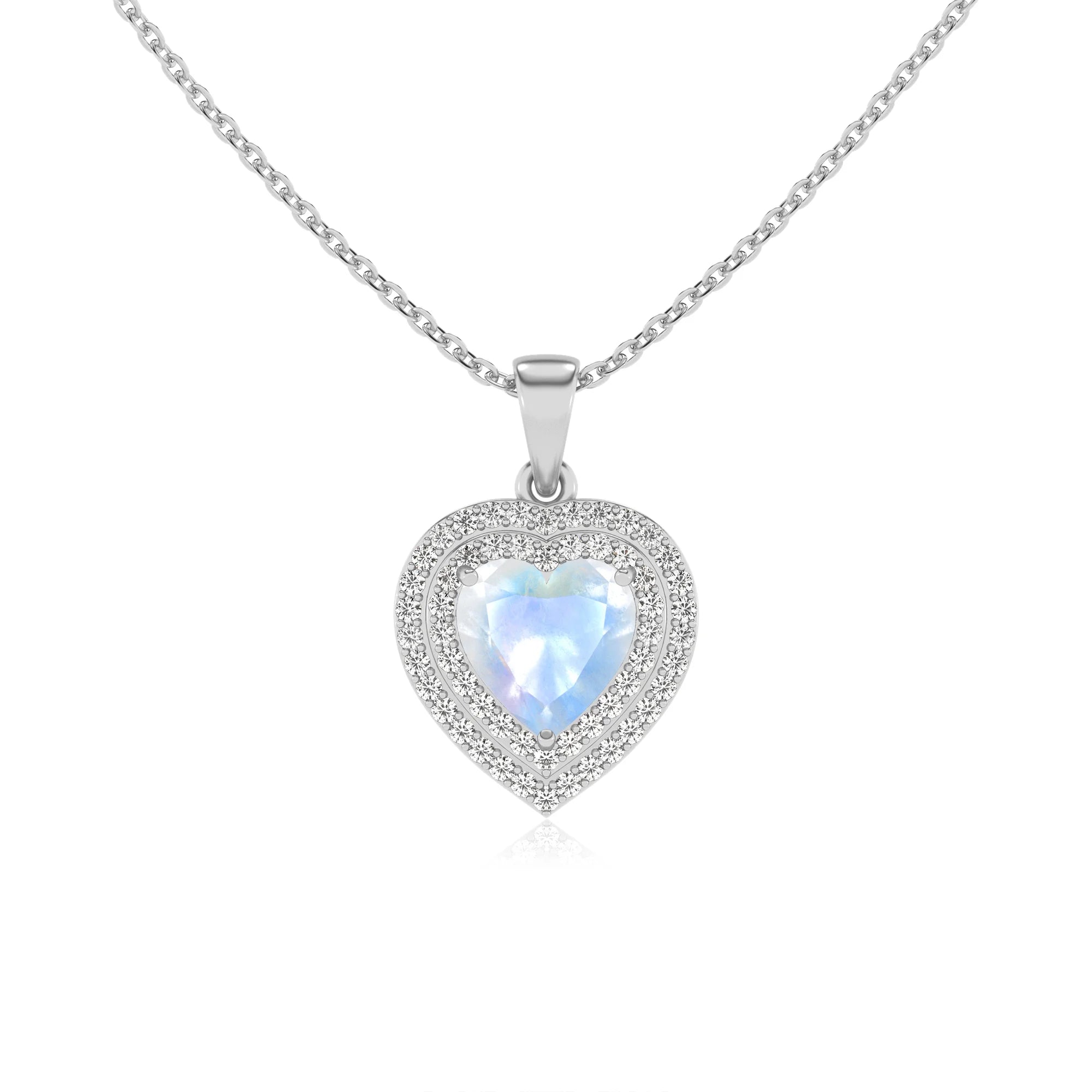 natural rainbow moonstone heart halo necklaces in white gold 