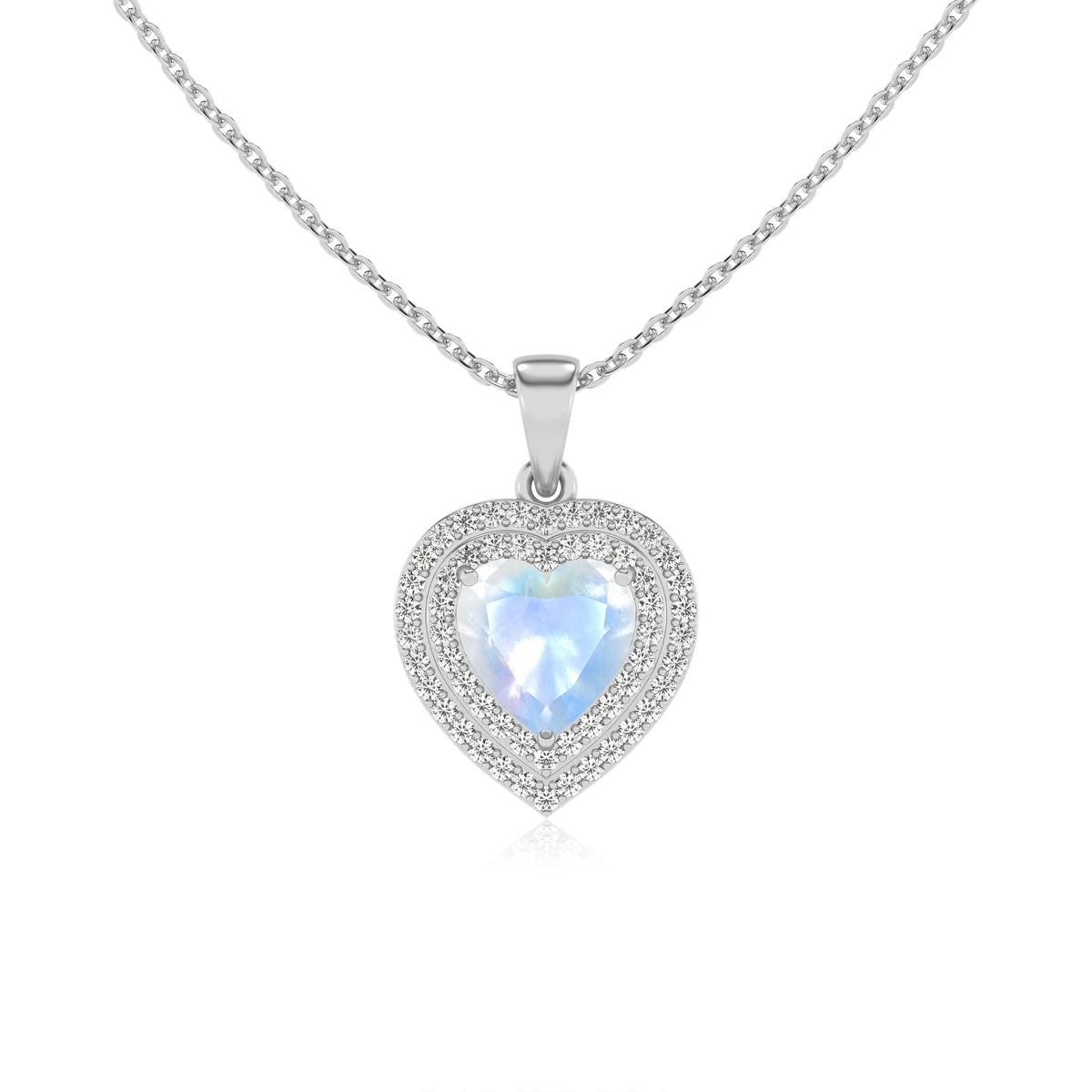 natural rainbow moonstone heart halo necklaces in white gold 