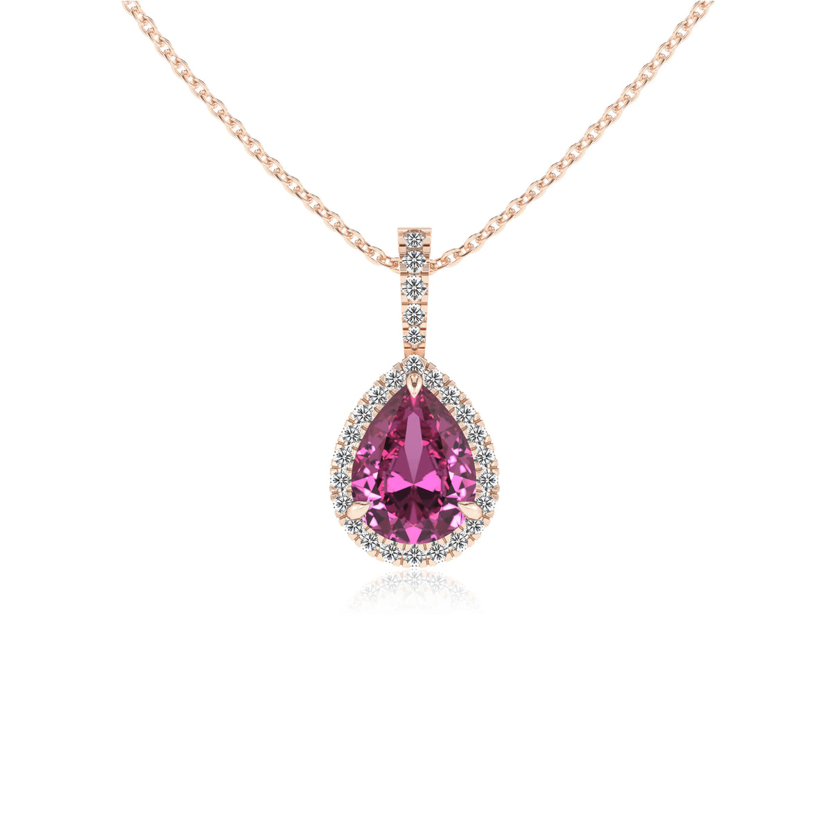 lab grown pink-sapphire pear solitaire necklaces in rose gold 