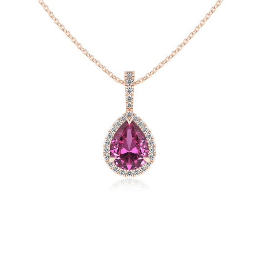 lab grown pink-sapphire pear solitaire necklaces in rose gold 