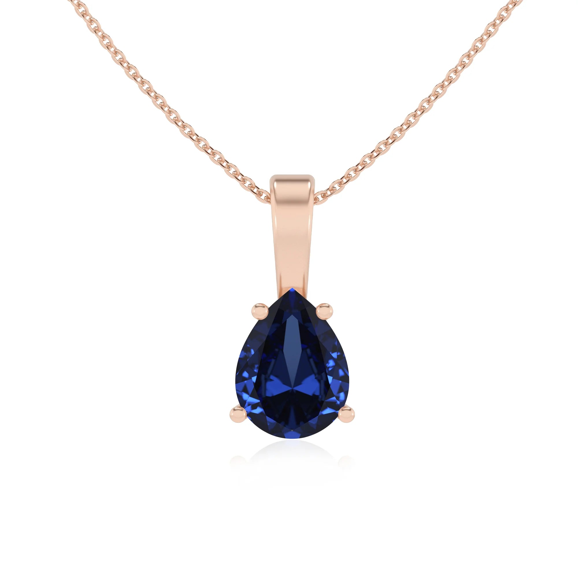 lab grown blue-sapphire pear solitaire necklaces in rose gold 