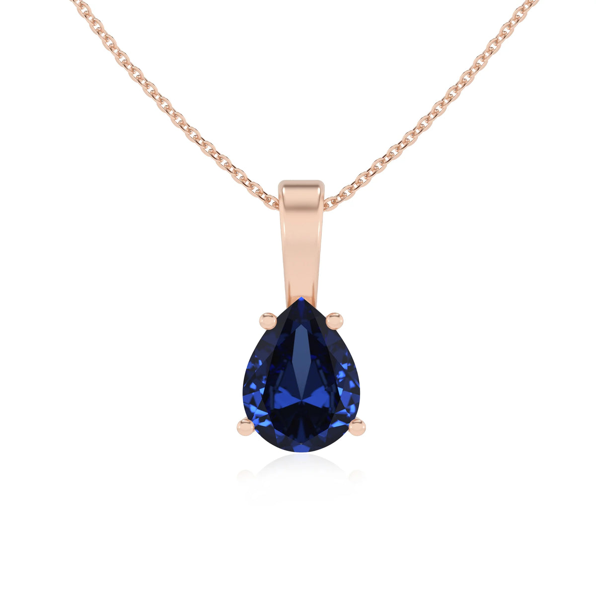 lab grown blue-sapphire pear solitaire necklaces in rose gold 