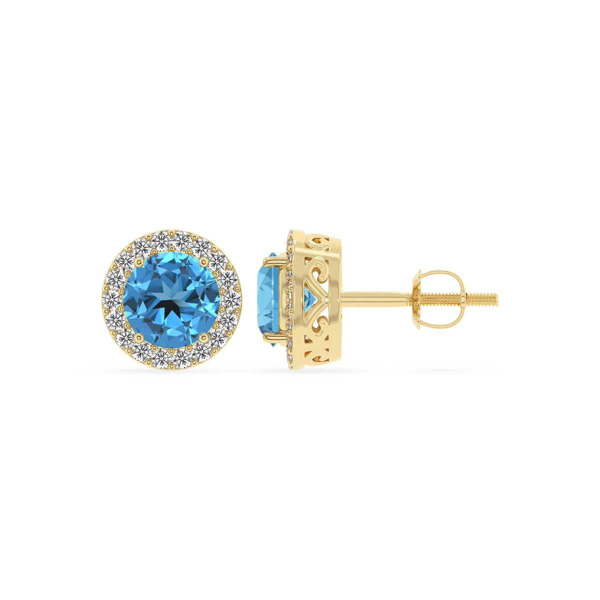 natural swiss blue topaz round stud earrings in yellow gold 