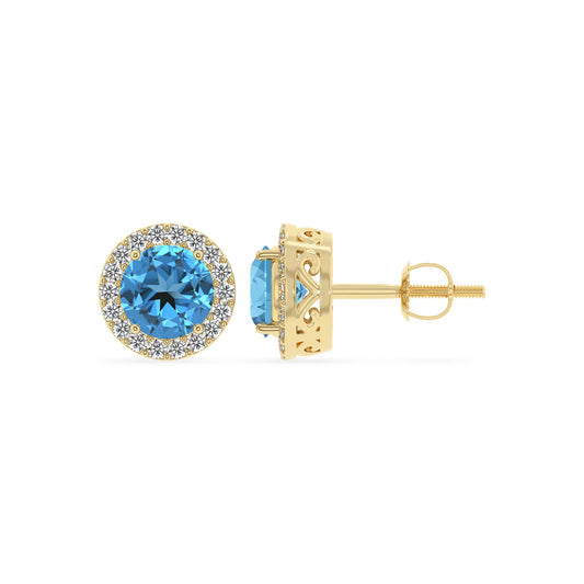 natural swiss blue topaz round stud earrings in yellow gold 