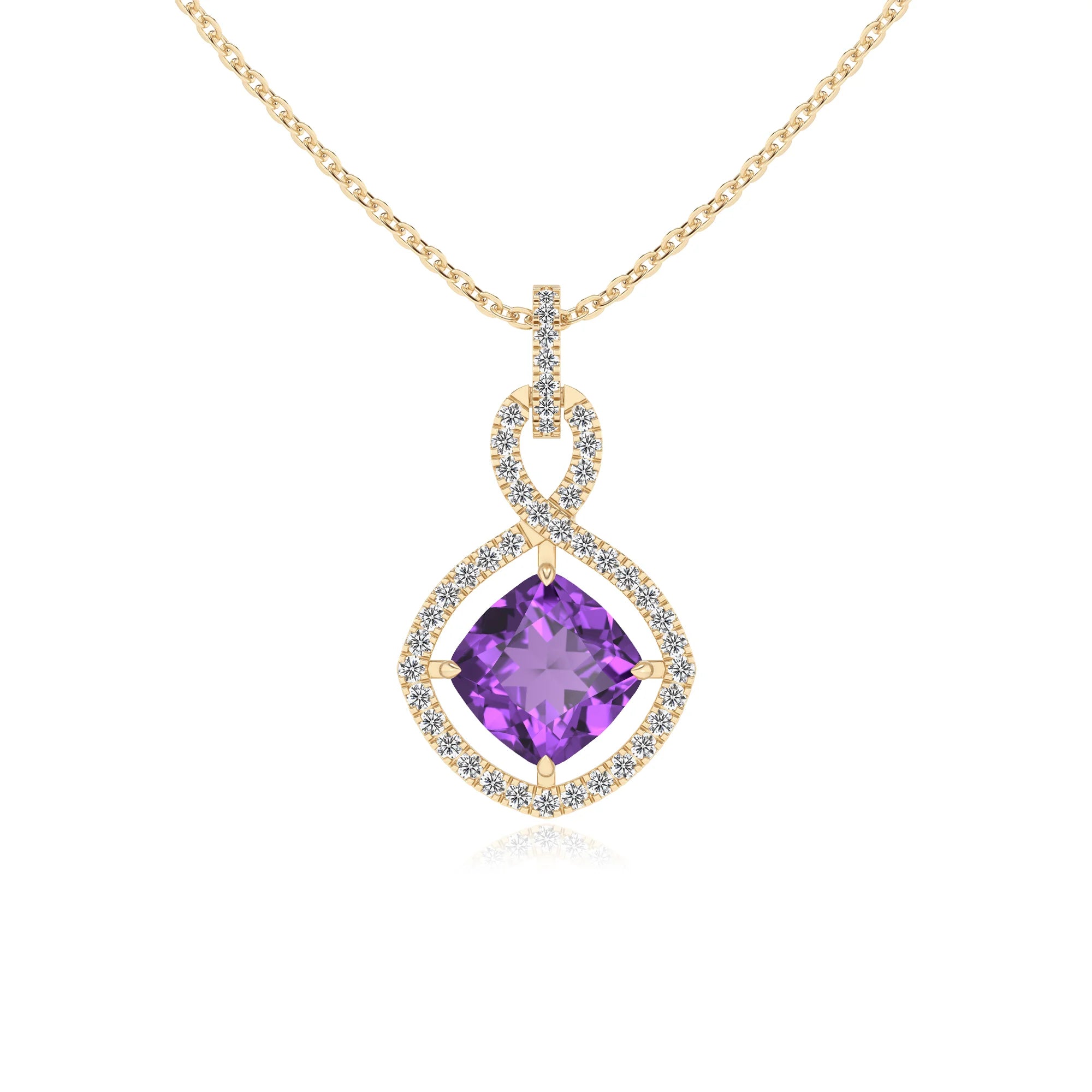 lab grown amethyst cushion infinity necklaces in yellow gold 