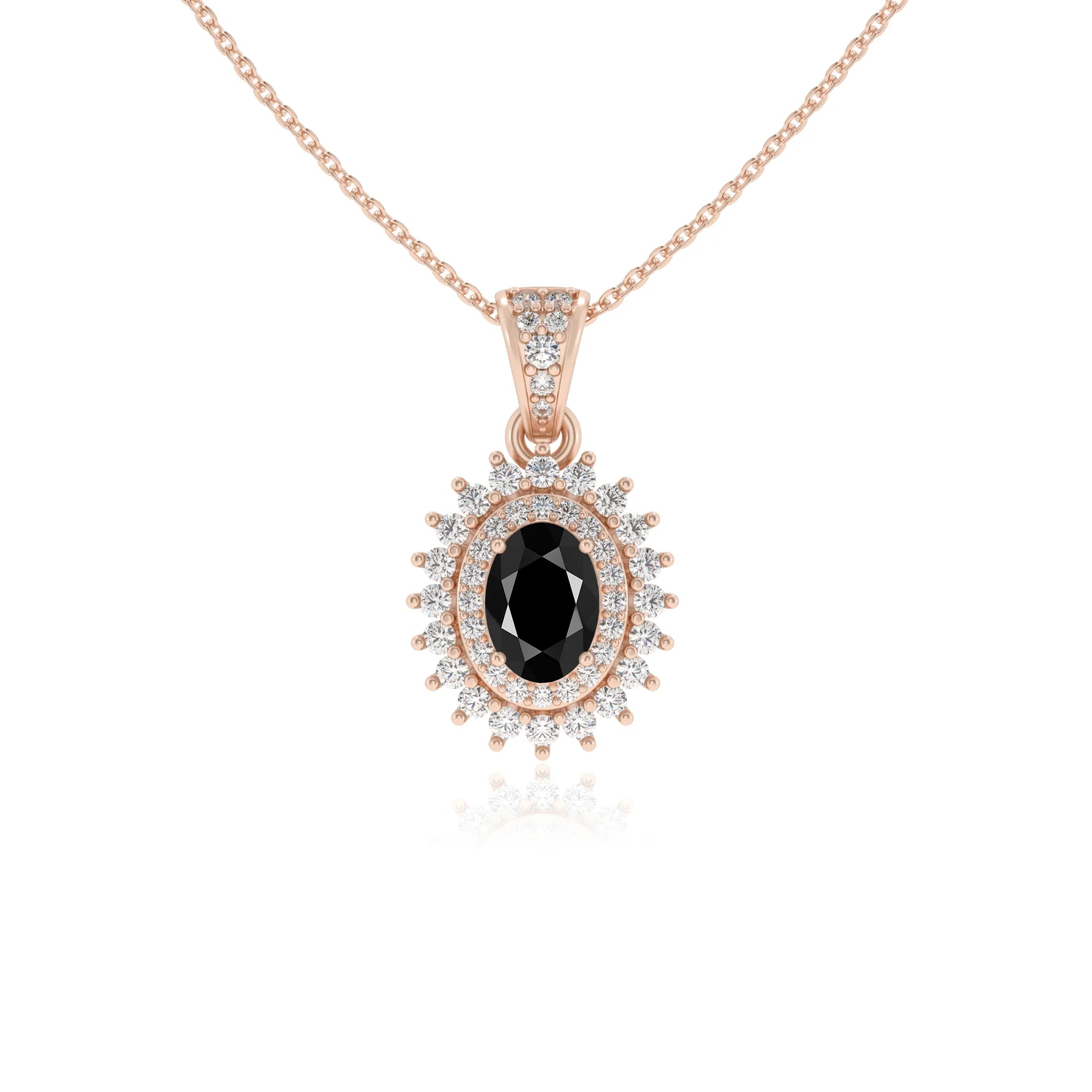 natural black-onyx oval halo necklaces in rose gold 