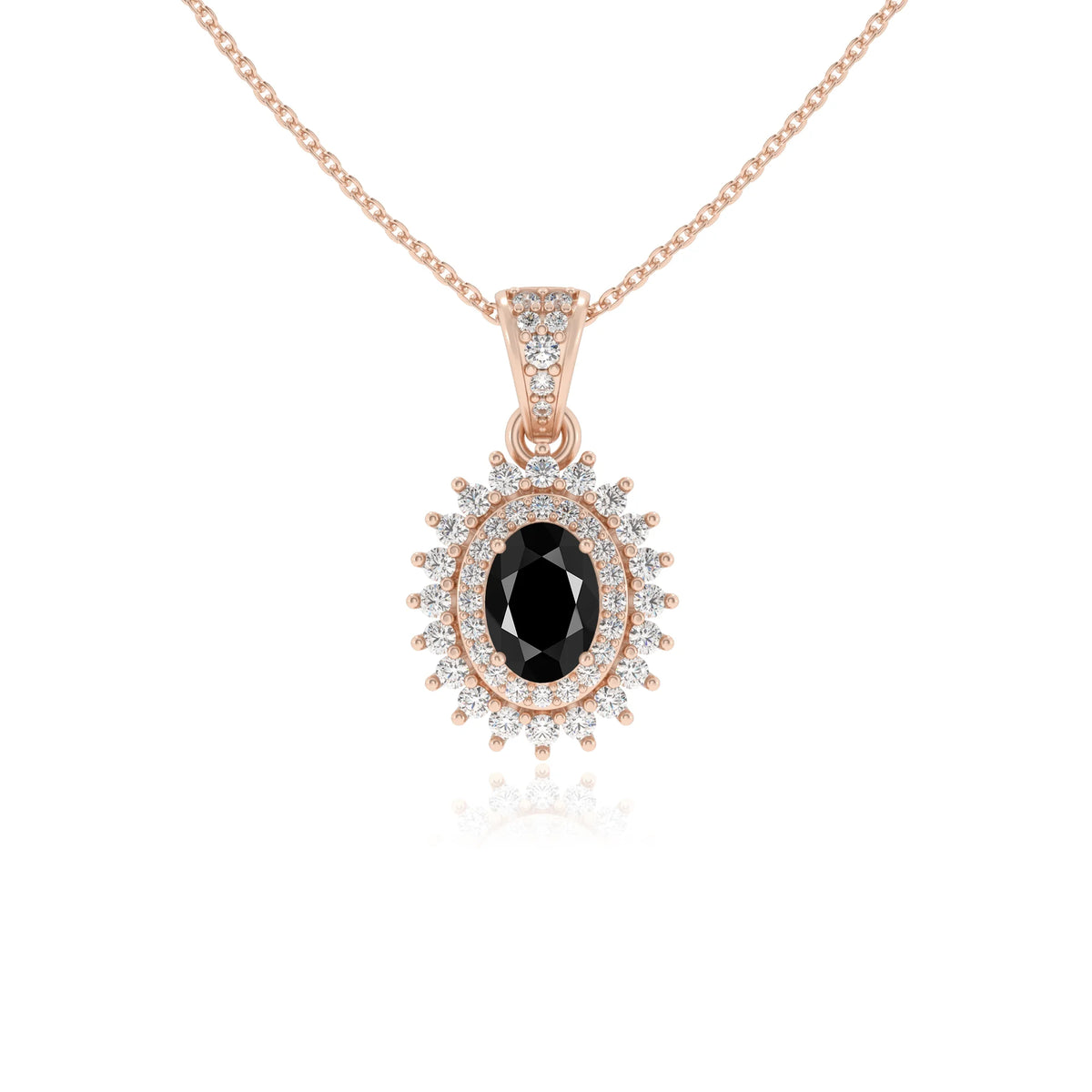 natural black-onyx oval halo necklaces in rose gold 
