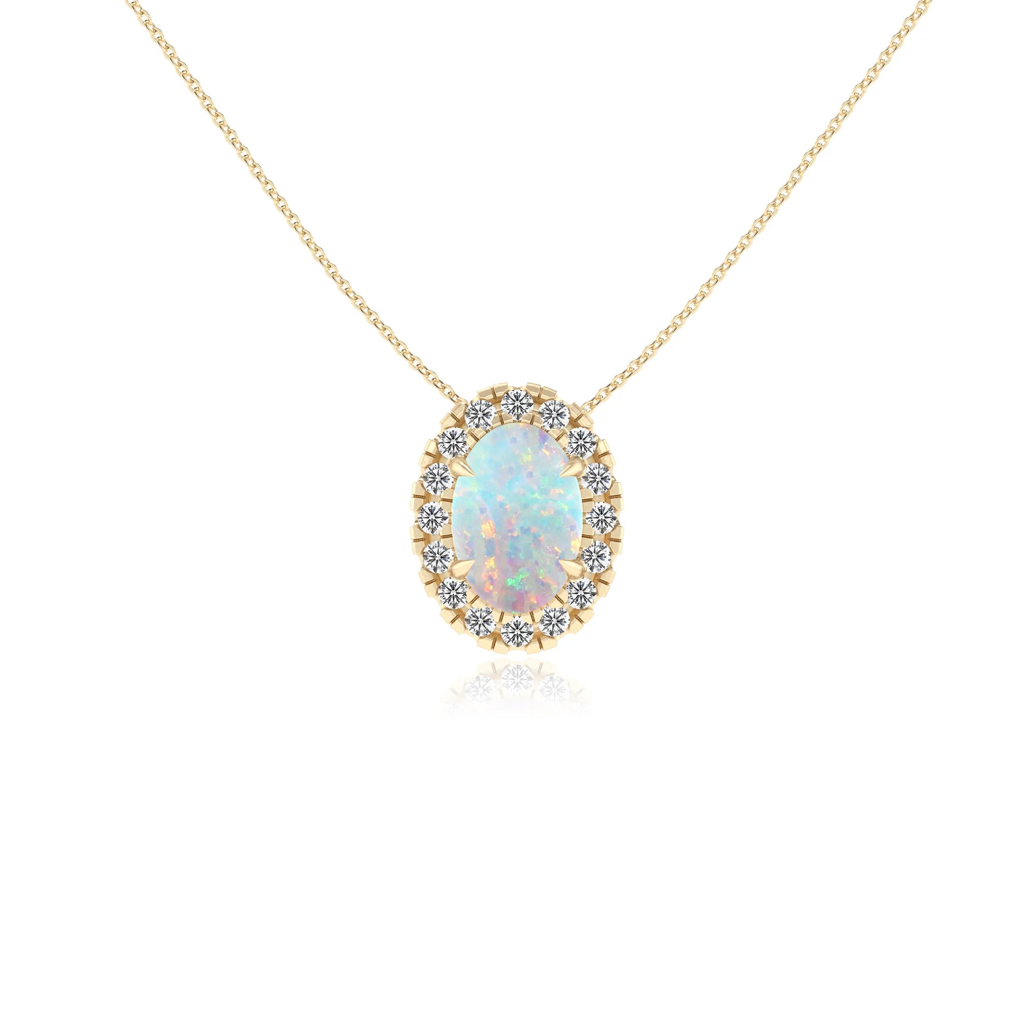lab grown opal oval solitaire necklaces in yellow gold 