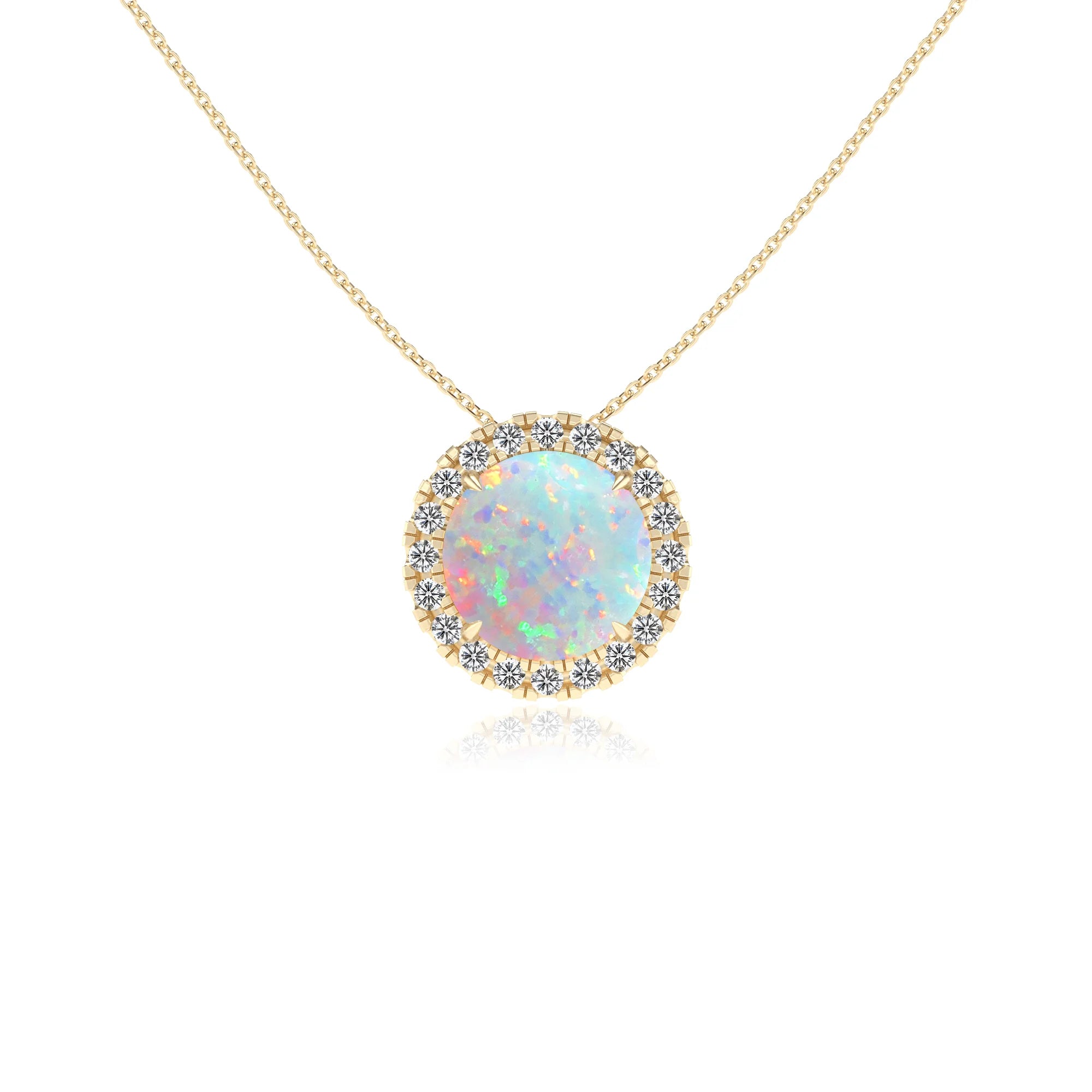 lab grown opal round solitaire necklaces in yellow gold 