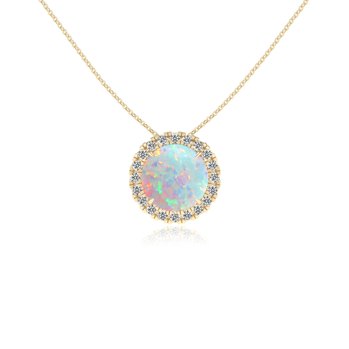 lab grown opal round solitaire necklaces in yellow gold 
