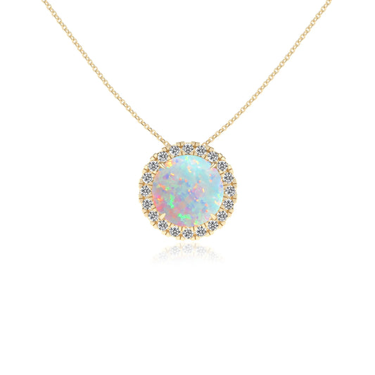 lab grown opal round solitaire necklaces in yellow gold 