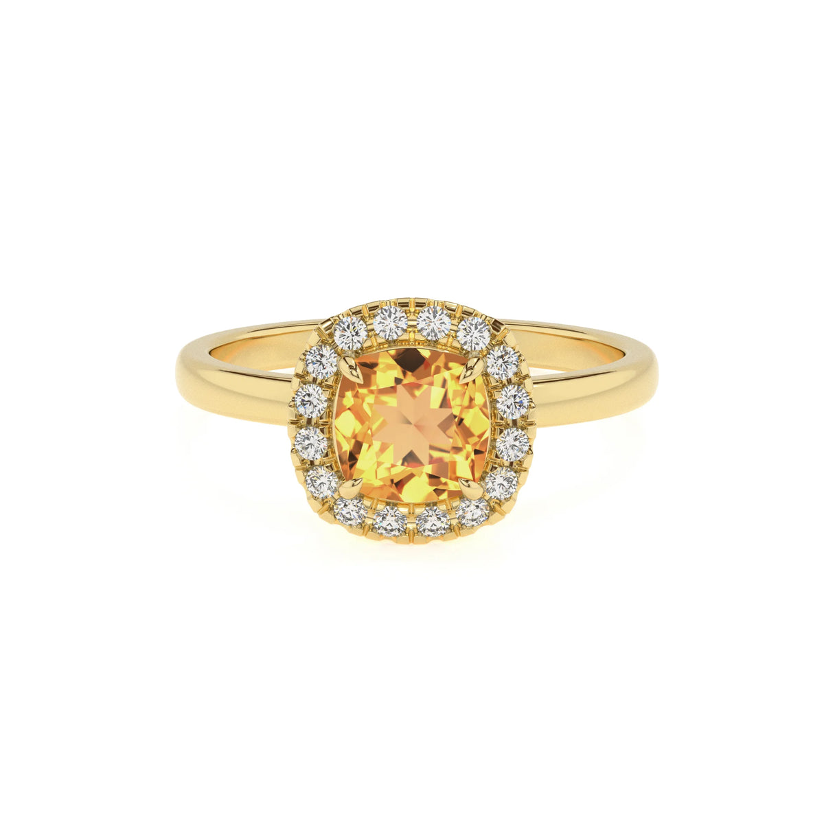 lab grown citrine cushion solitaire rings in yellow gold 