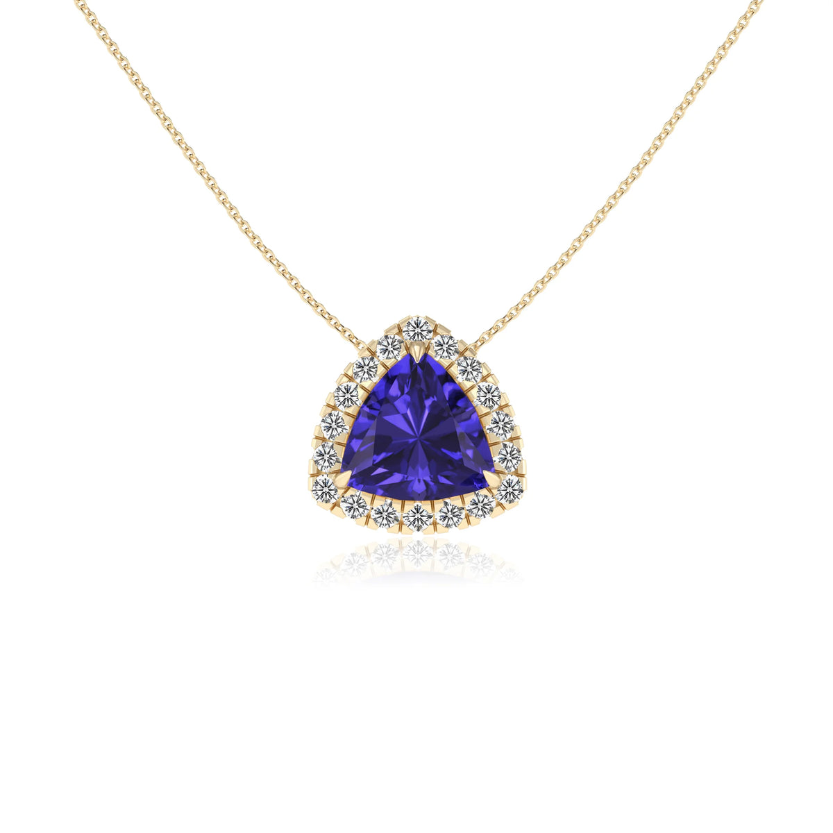 lab grown tanzanite trillion solitaire necklaces in yellow gold 