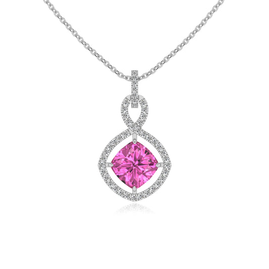 lab grown pink-sapphire cushion infinity necklaces in platinum 