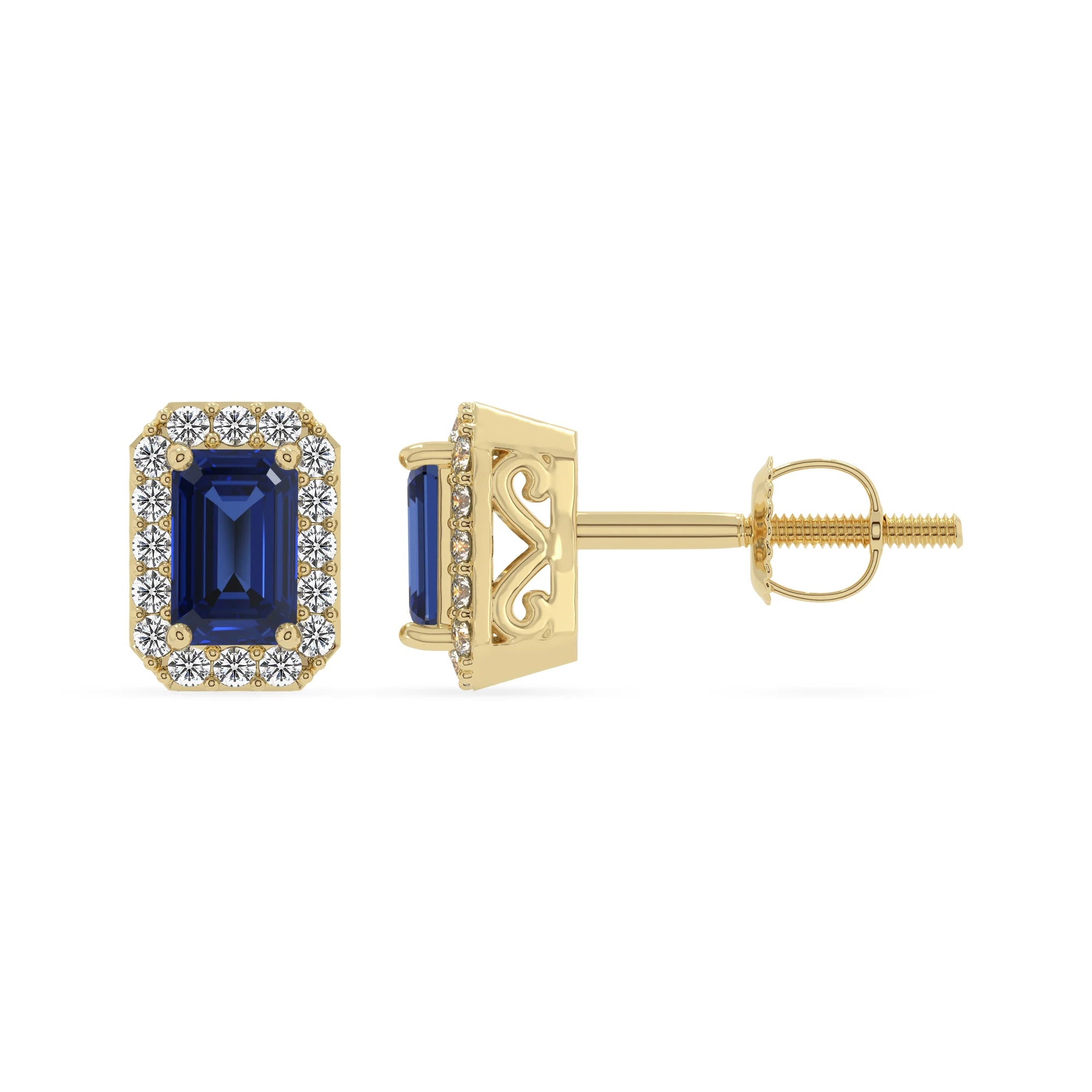 lab grown blue sapphire emerald cut stud earrings in yellow gold 