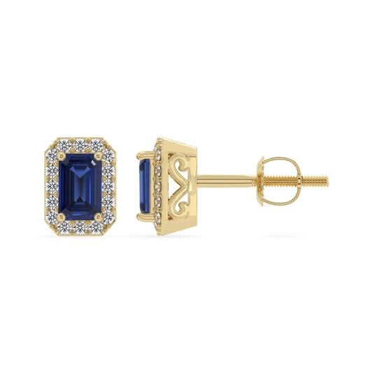 lab grown blue sapphire emerald cut stud earrings in yellow gold 