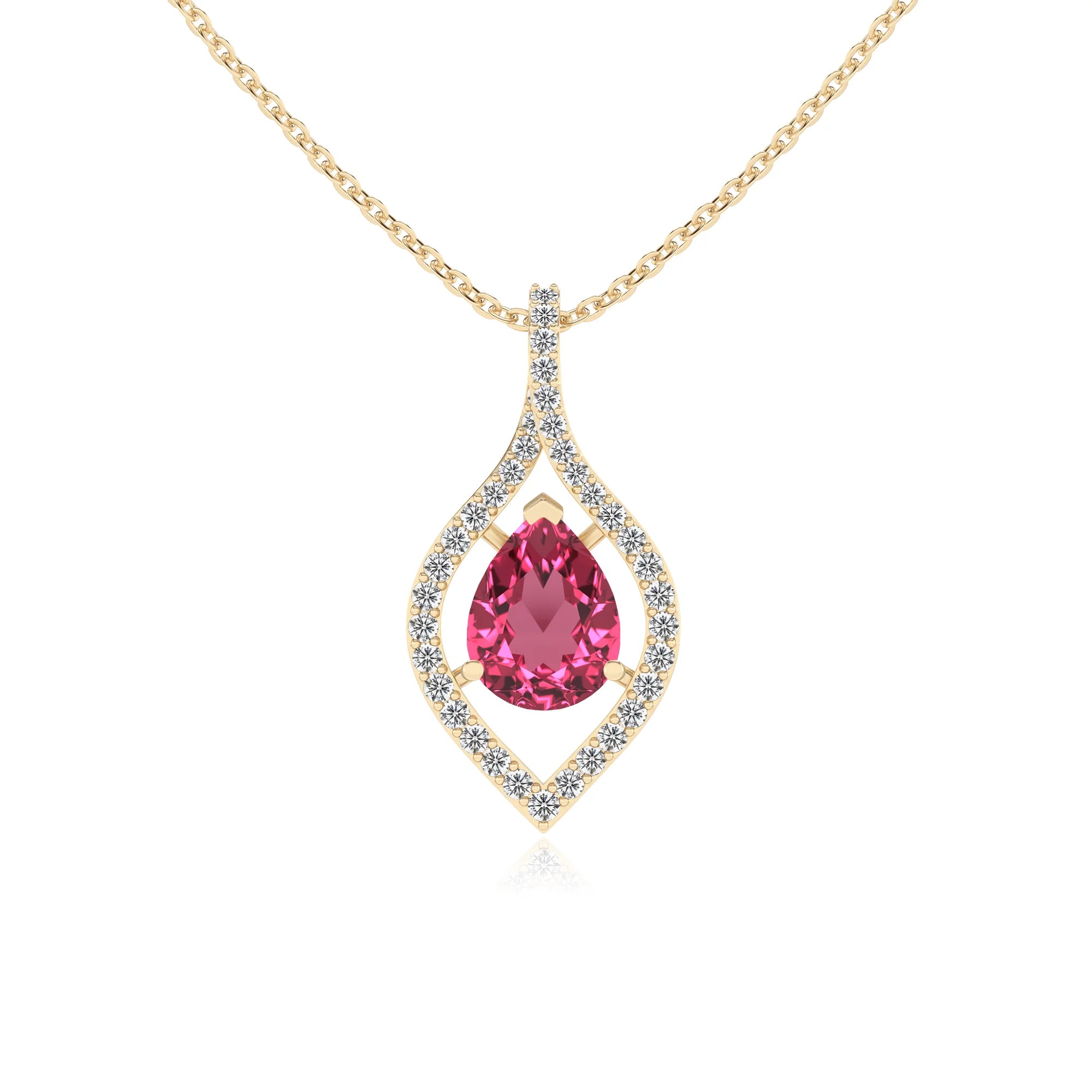 lab grown pink-tourmaline pear infinity necklaces in yellow gold 