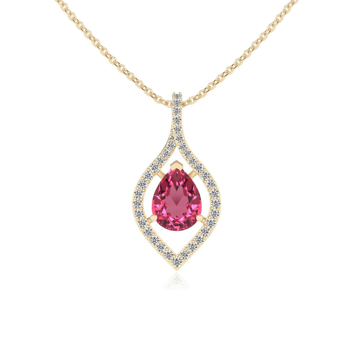 lab grown pink-tourmaline pear infinity necklaces in yellow gold 