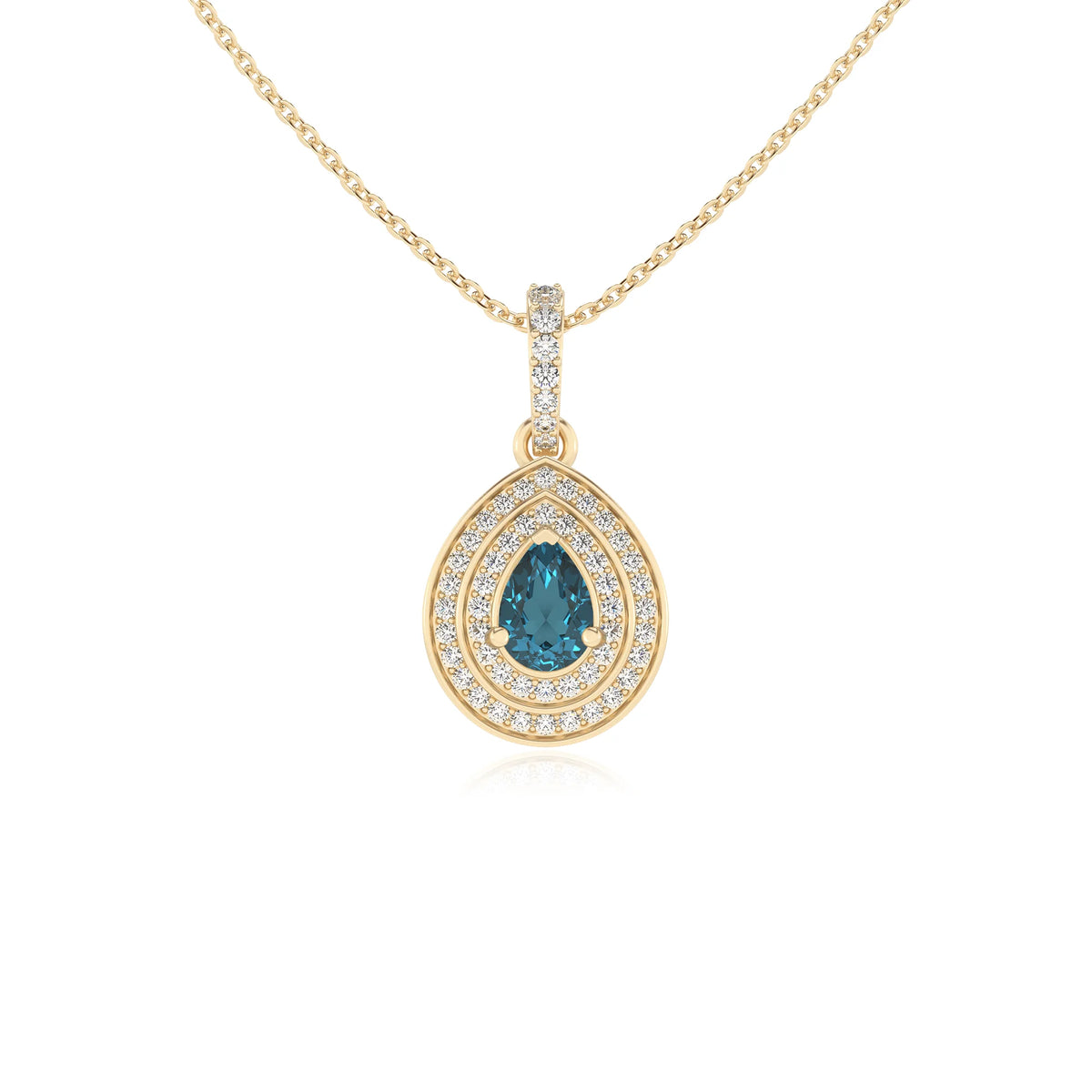 natural london-blue-topaz pear halo necklaces in yellow gold 