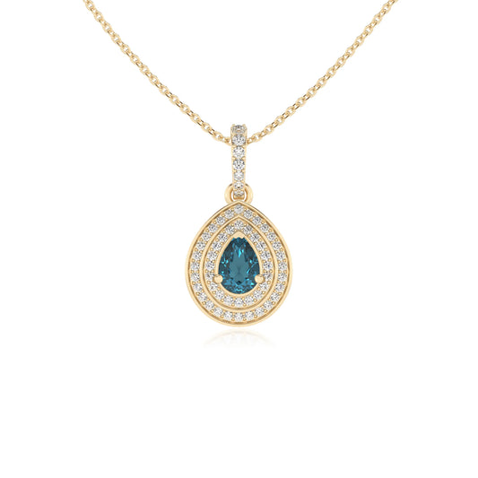 natural london-blue-topaz pear halo necklaces in yellow gold 