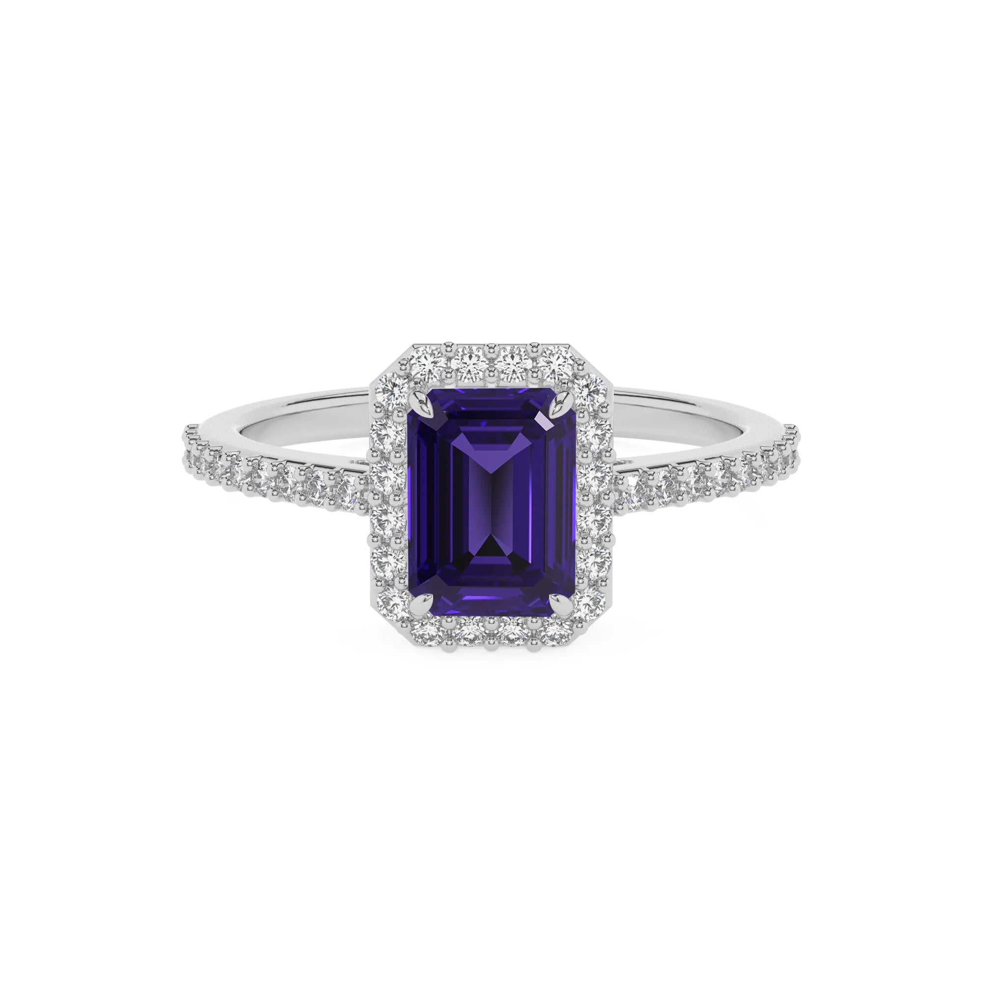 lab grown tanzanite emerald cut solitaire rings in platinum 