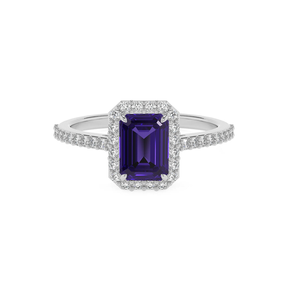 lab grown tanzanite emerald cut solitaire rings in platinum 