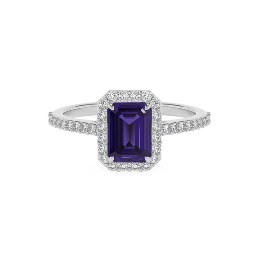 lab grown tanzanite emerald cut solitaire rings in platinum 