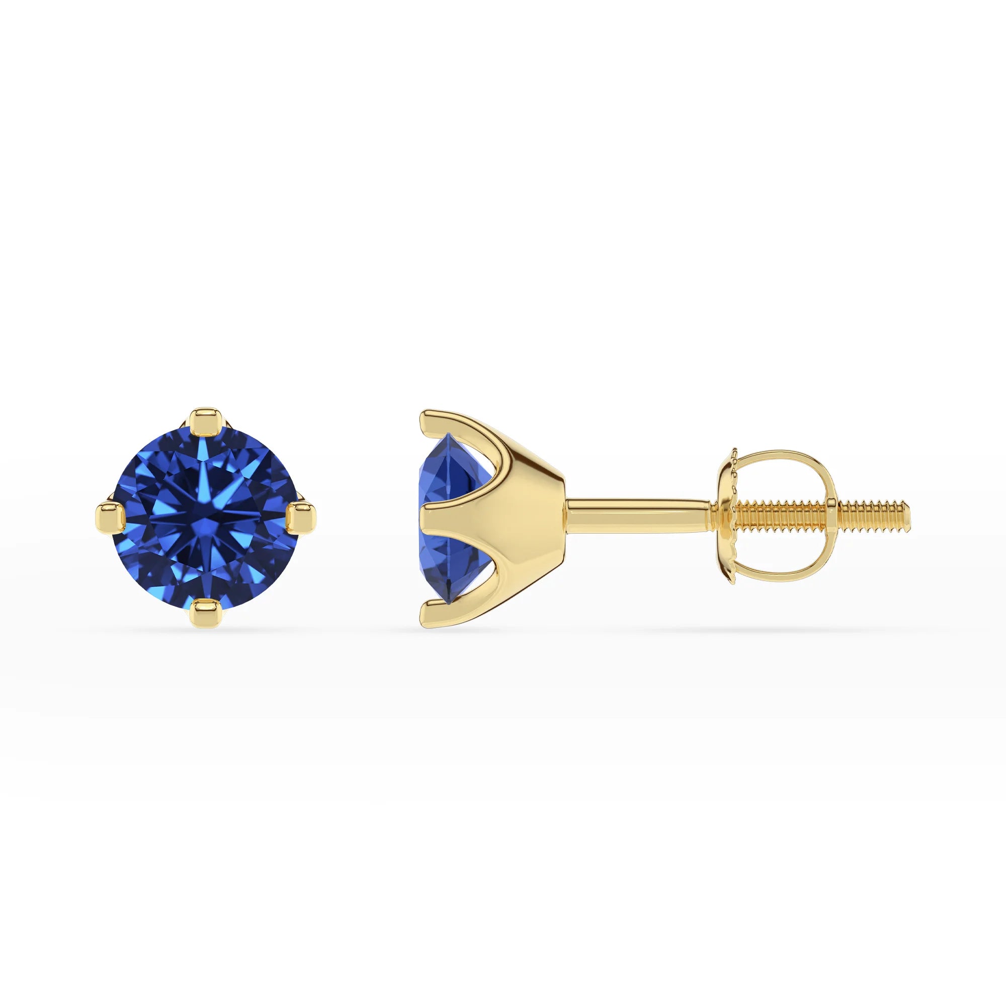 lab grown blue sapphire round stud earrings in yellow gold 