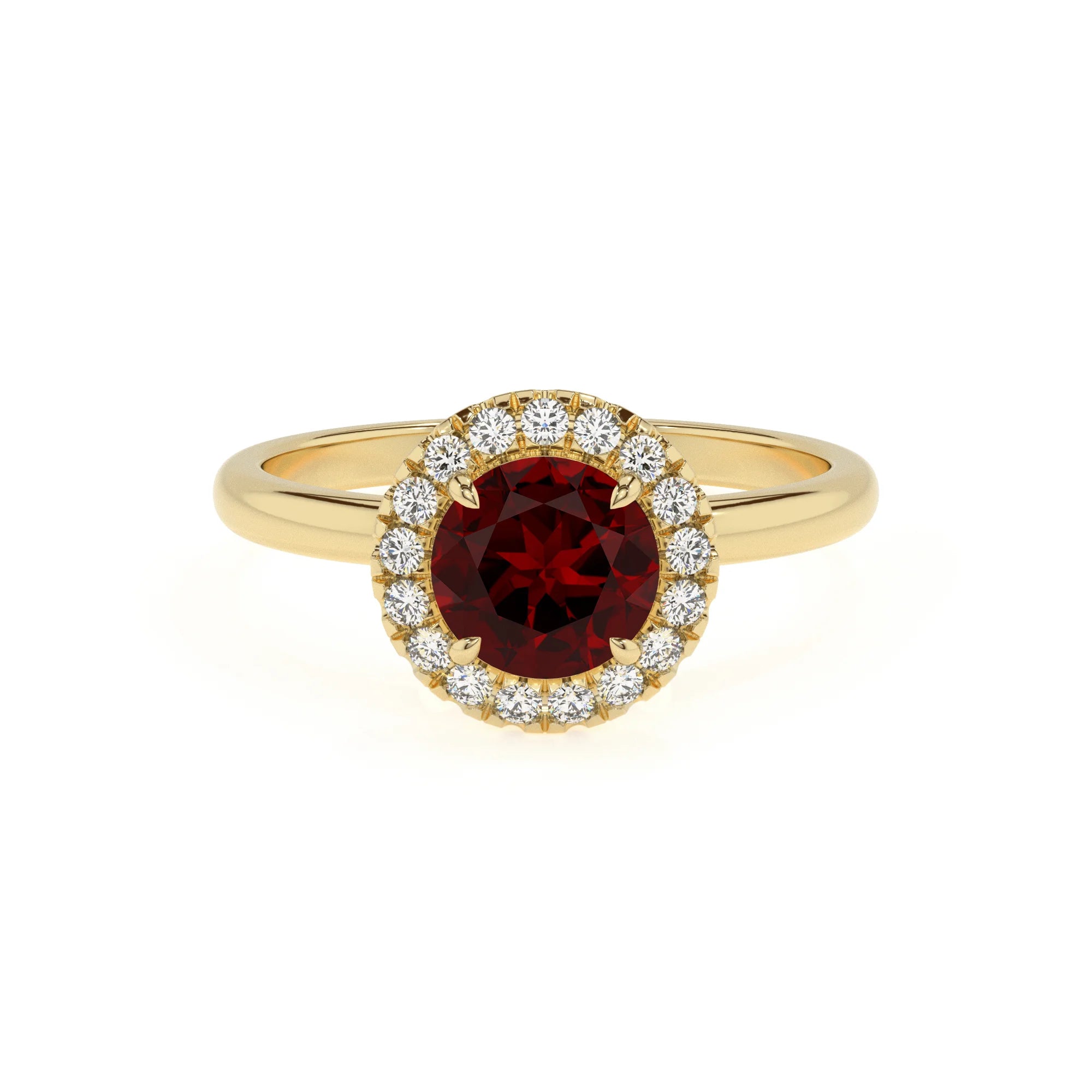 natural garnet round solitaire rings in yellow gold 