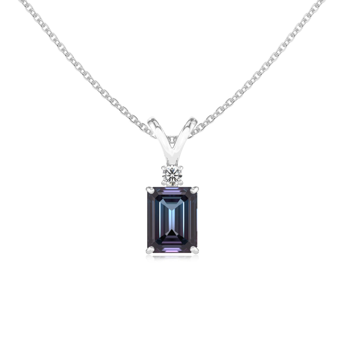lab grown alexandrite emerald cut solitaire v-bale necklaces in sterling silver 