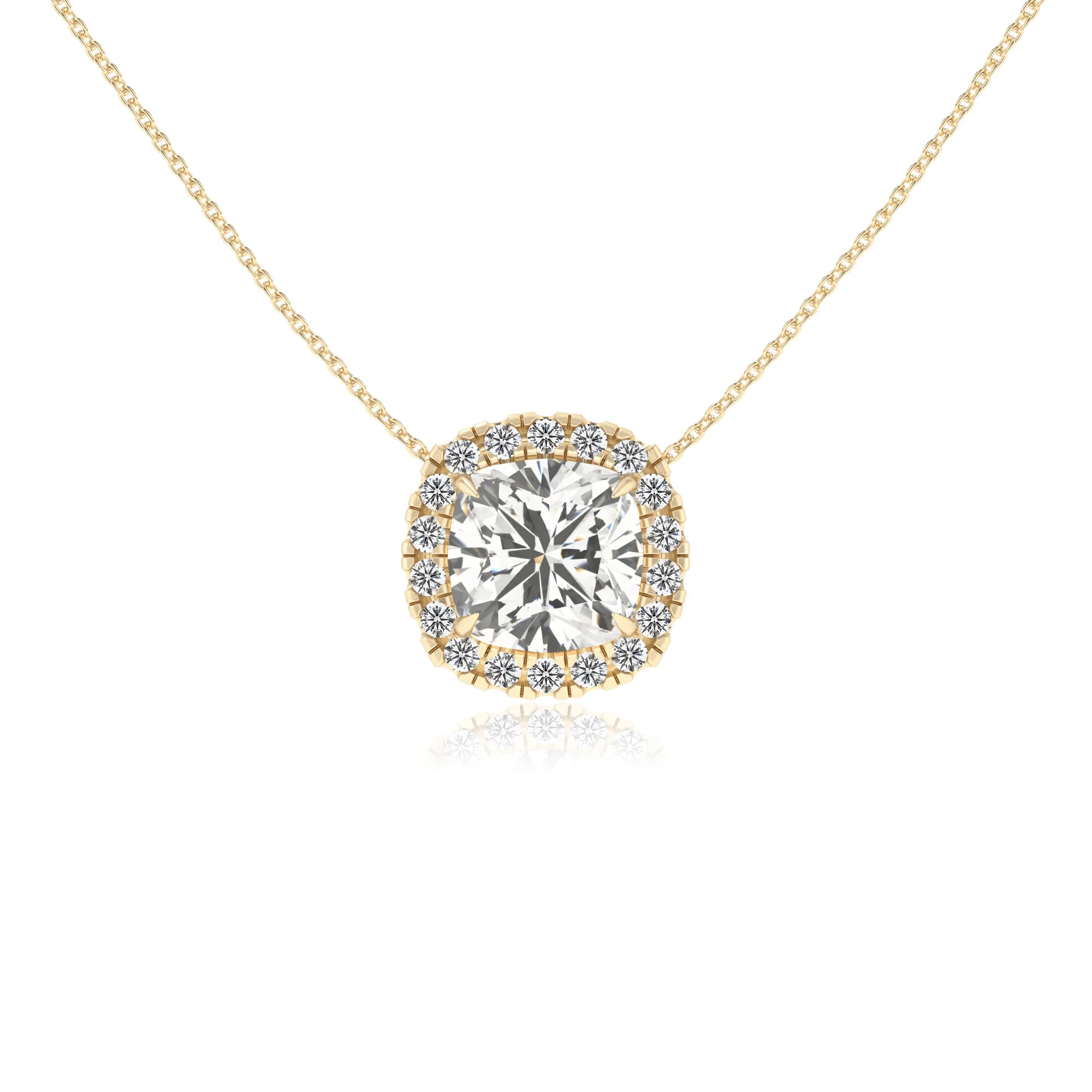 lab grown moissanite cushion solitaire necklaces in yellow gold 