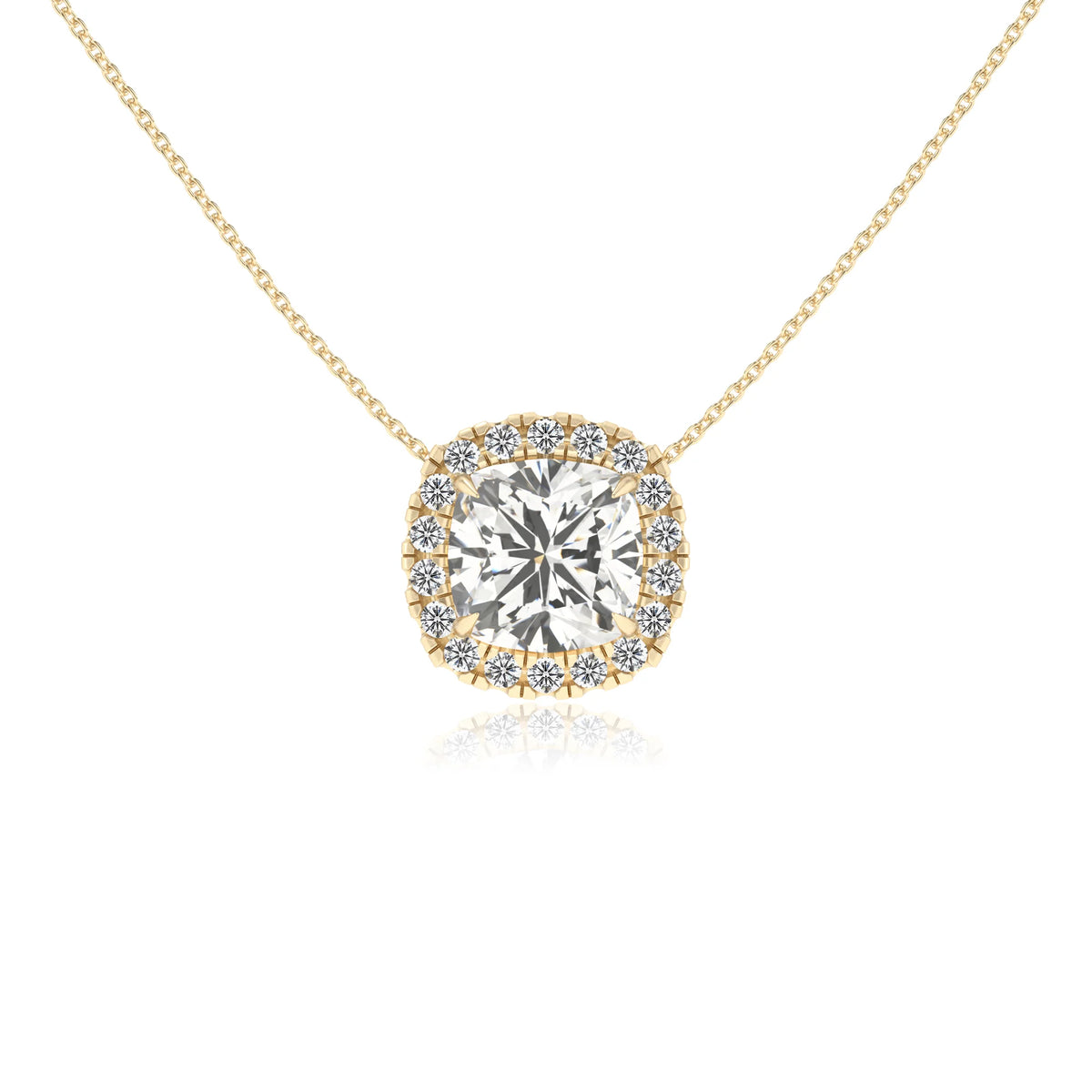 lab grown moissanite cushion solitaire necklaces in yellow gold 