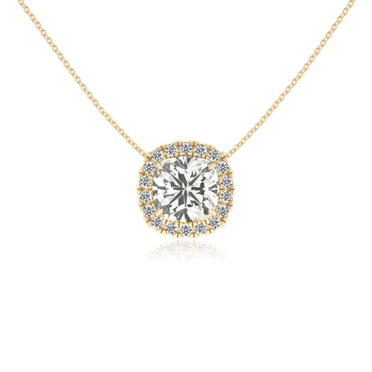 lab grown moissanite cushion solitaire necklaces in yellow gold 
