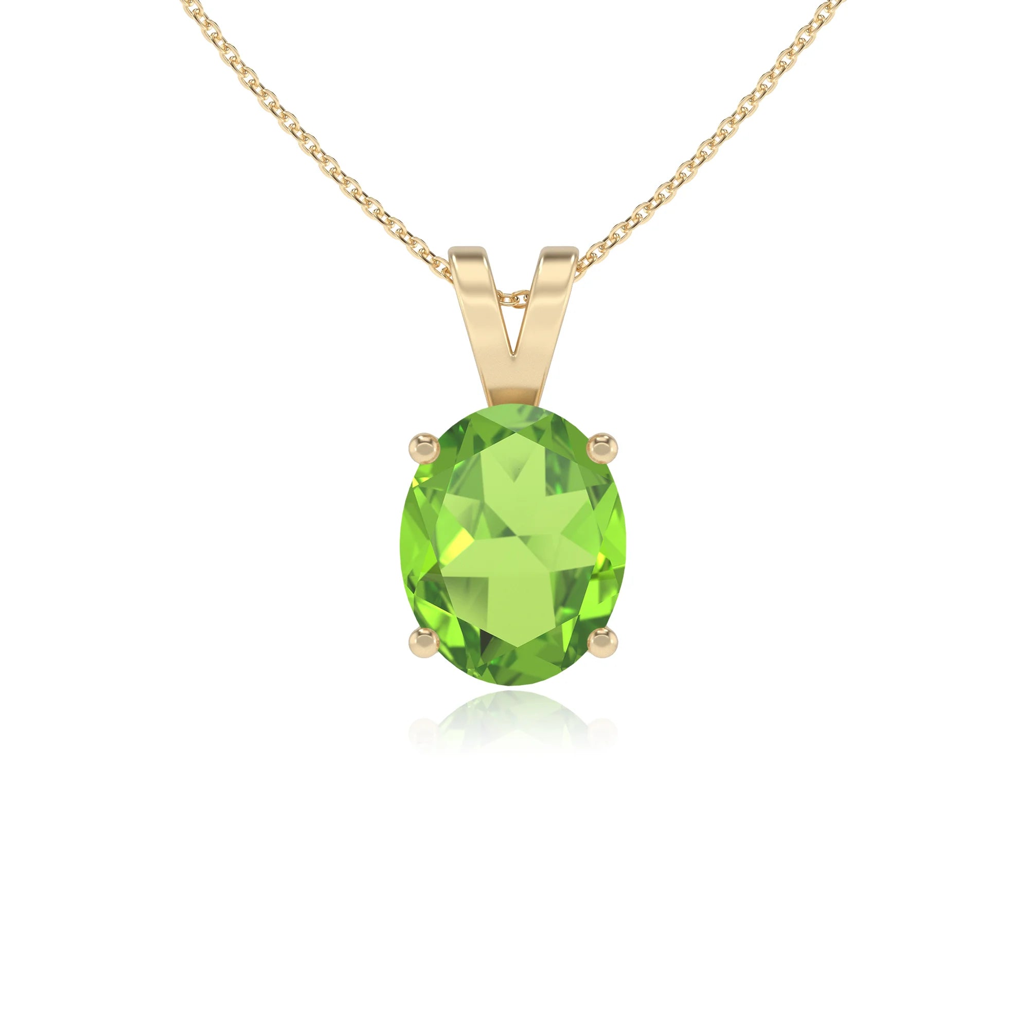 natural peridot oval solitaire v-bale necklaces in yellow gold 