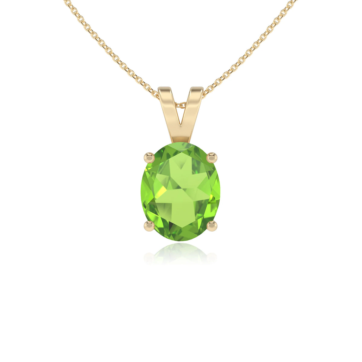natural peridot oval solitaire v-bale necklaces in yellow gold 
