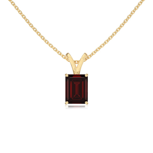 natural garnet emerald cut solitaire v-bale necklaces in yellow gold 
