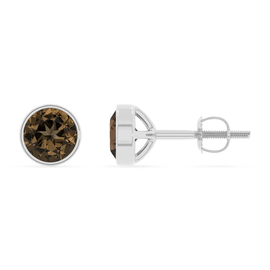 natural smoky quartz round stud earrings in platinum 