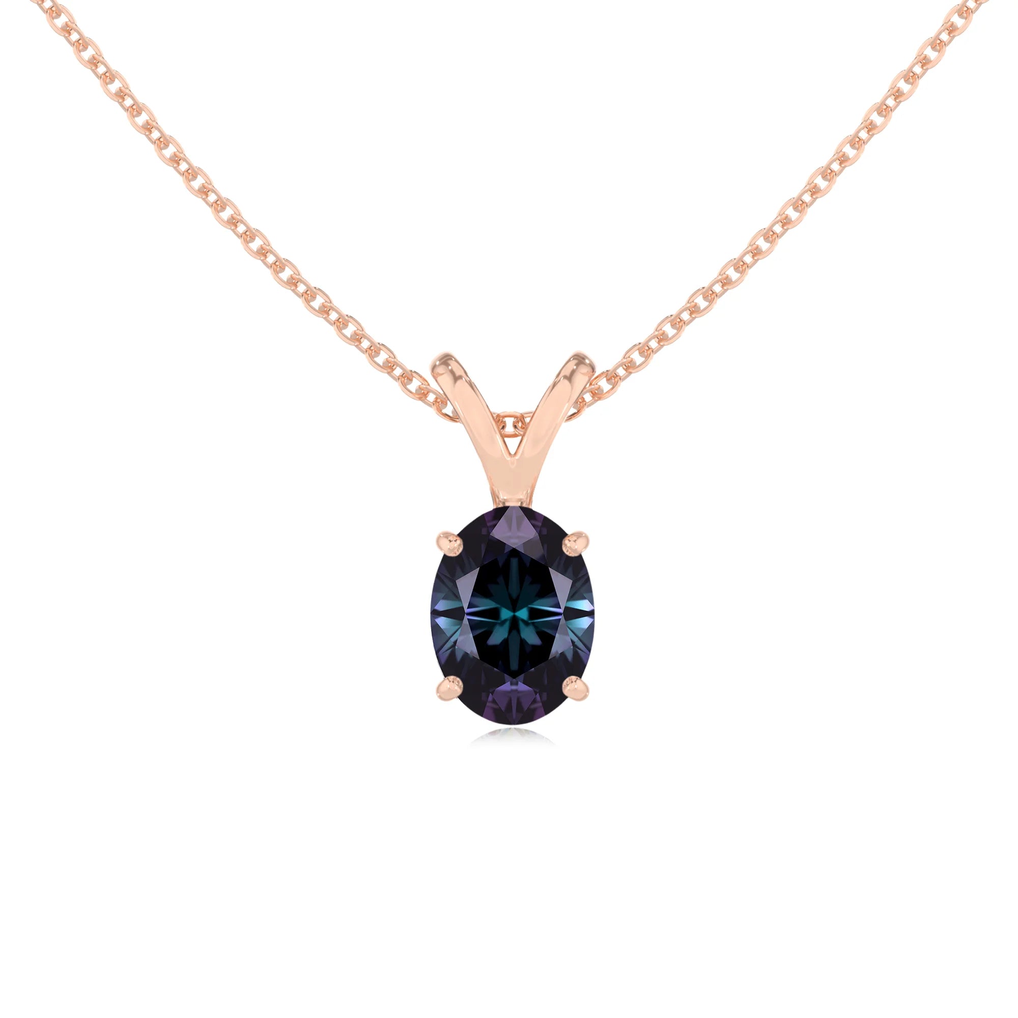 lab grown alexandrite oval solitaire v-bale necklaces in rose gold 