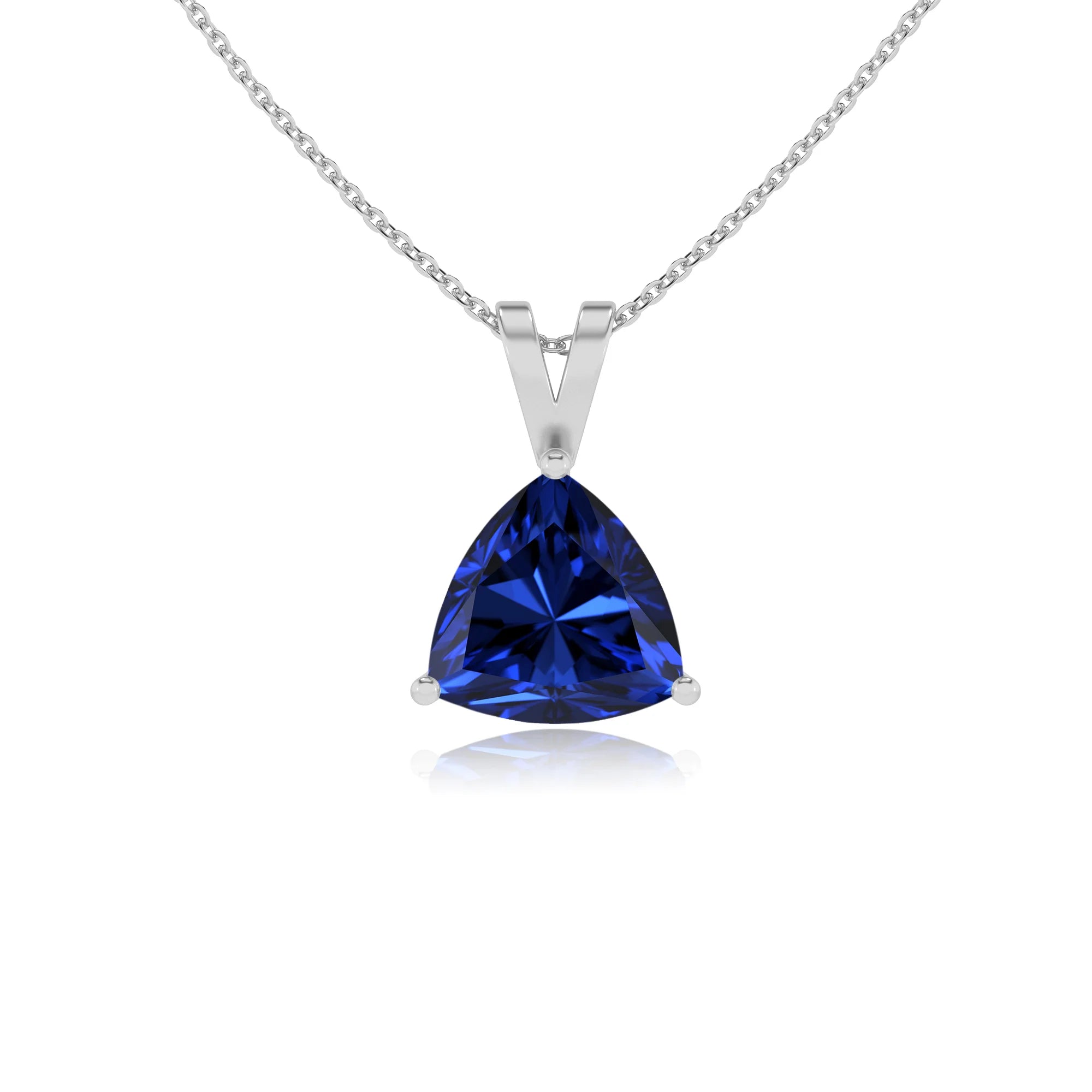 lab grown blue-sapphire trillion solitaire v-bale necklaces in sterling silver 