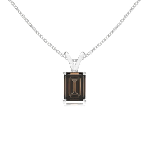 Natural Smoky Quartz Emerald-Cut Solitaire V-Bale Pendant Necklace with 18" Chain