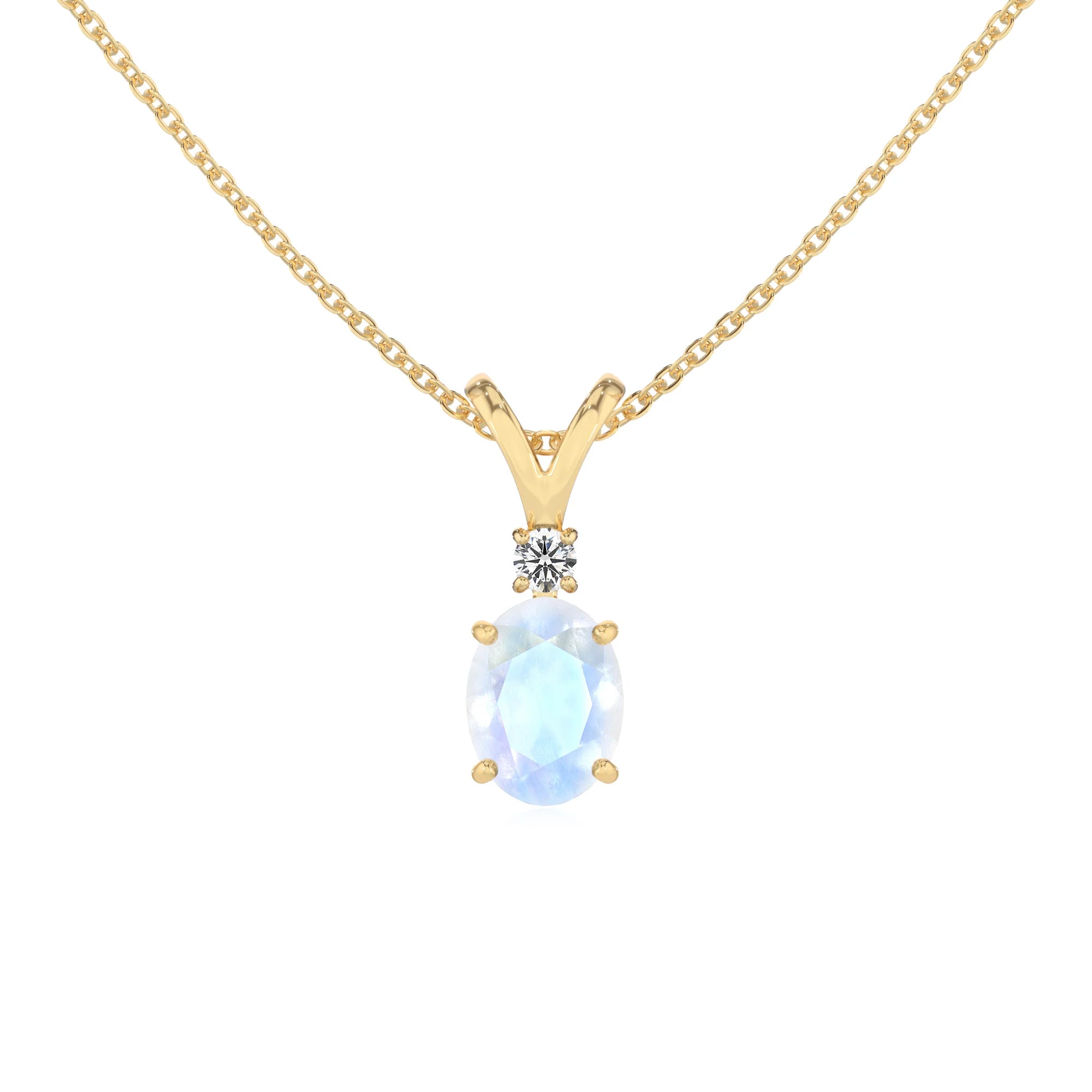 natural rainbow-moonstone oval solitaire v-bale necklaces in yellow gold 