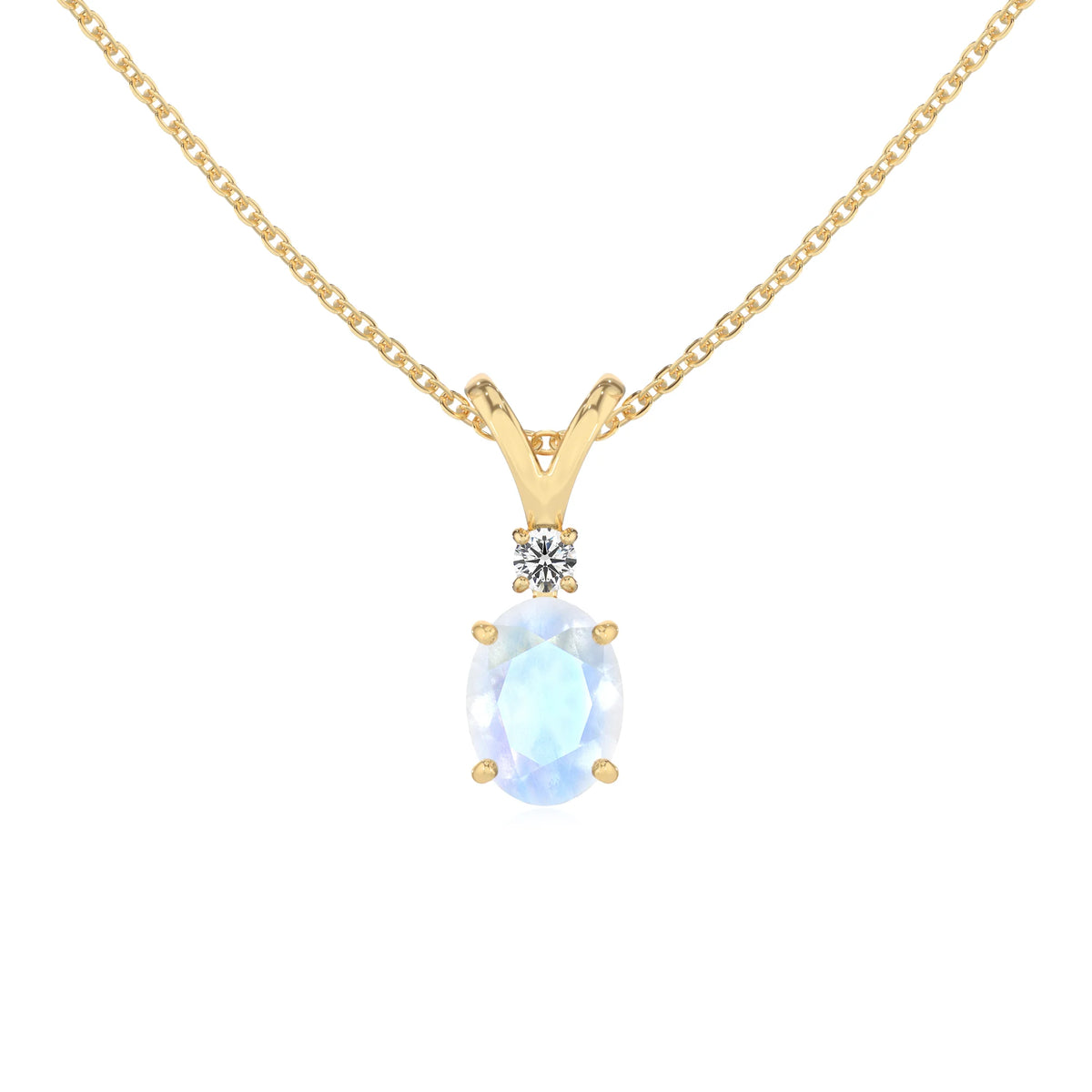 natural rainbow-moonstone oval solitaire v-bale necklaces in yellow gold 