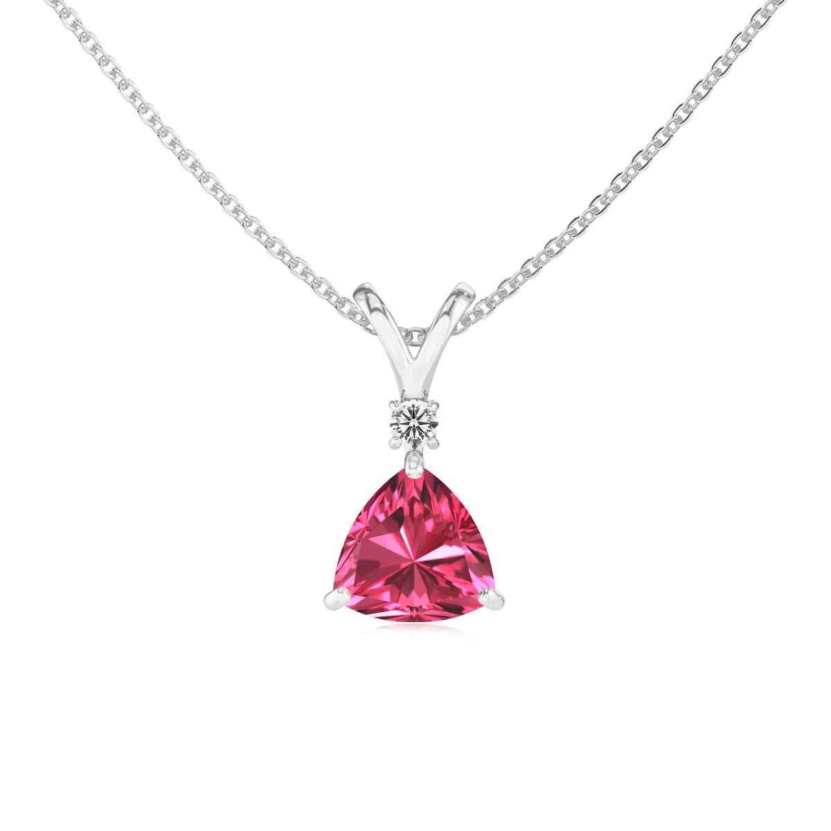 lab grown pink-tourmaline trillion solitaire v-bale necklaces in sterling silver 