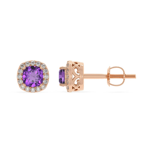 lab grown amethyst cushion stud earrings in rose gold 