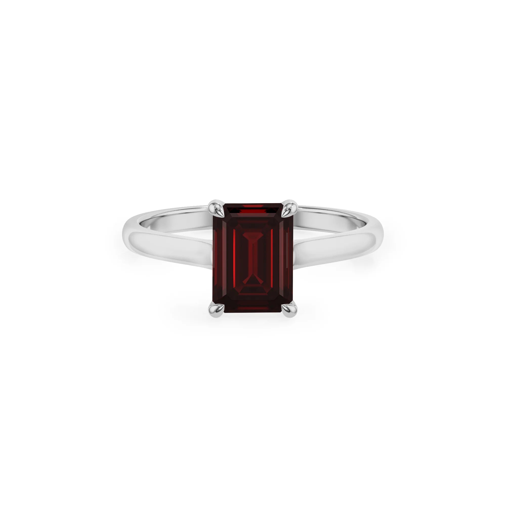 natural garnet emerald cut solitaire rings in white gold 