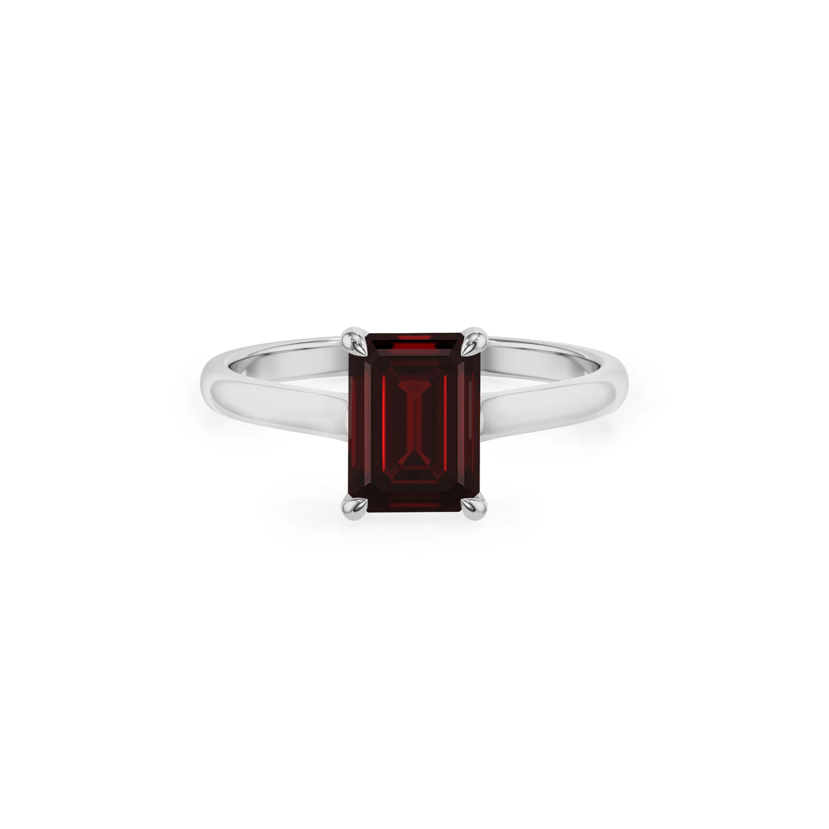 natural garnet emerald cut solitaire rings in white gold 