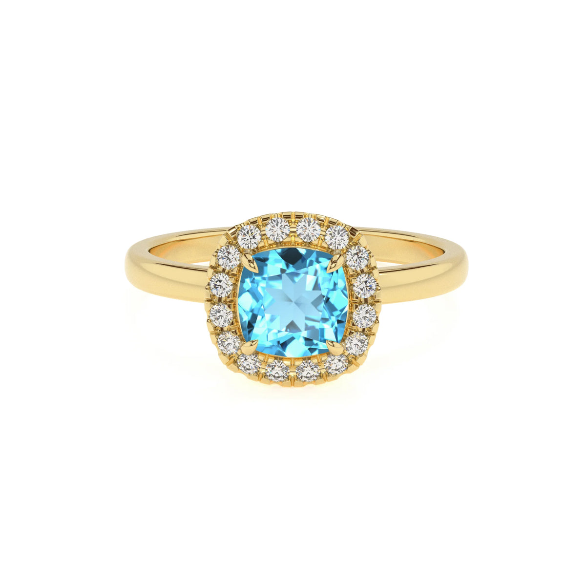 natural swiss-blue-topaz cushion solitaire rings in yellow gold 